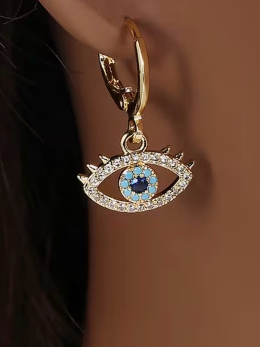 NWT Gold Evil Eye Hoop Earrings with Blue Accents